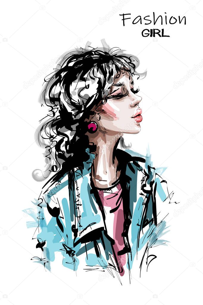 Hand drawn beautiful young woman hairstyle with bang. Stylish elegant girl in jeans jacket. Fashion woman portrait. Sketch. 