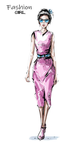 Hand Drawn Beautiful Young Woman Pink Dress Stylish Elegant Girl — Stock Vector