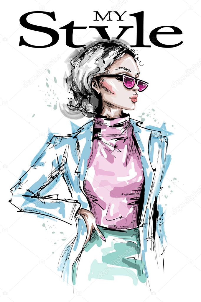 Hand drawn beautiful young woman in sunglasses. Stylish elegant girl fashion look. Fashion woman portrait. Sketch. 