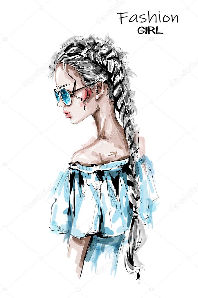Hand drawn beautiful young woman with long braid. Stylish elegant girl in sunglasses. Fashion woman look. Sketch. 
