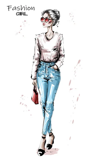 Hermosa Mujer Joven Dibujada Mano Con Bolsa Roja Elegante Chica — Vector de stock