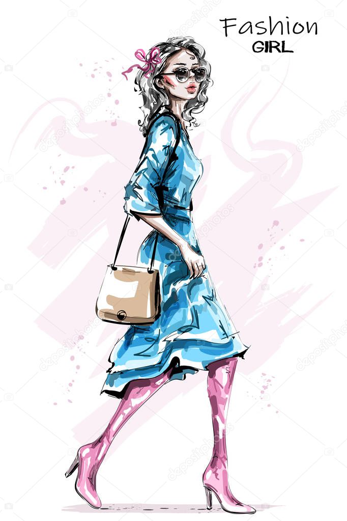 Hand drawn beautiful young woman with bag. Stylish elegant girl in dress. Fashion woman look. Sketch. 