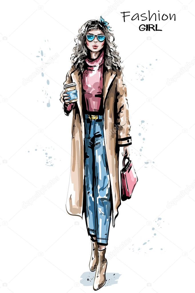Hand drawn beautiful young woman holding plastic coffee cup. Stylish elegant girl in coat. Fashion woman look. Sketch.