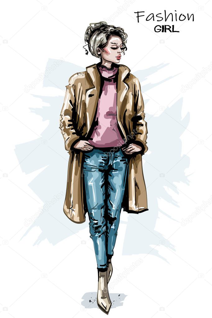 Hand drawn beautiful young woman fashion outfit. Stylish elegant girl. Fashion woman look. Sketch.