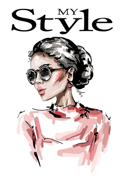Mujer Joven Dibujada Mano Gafas Sol Elegante Chica Elegante Mira — Vector de stock