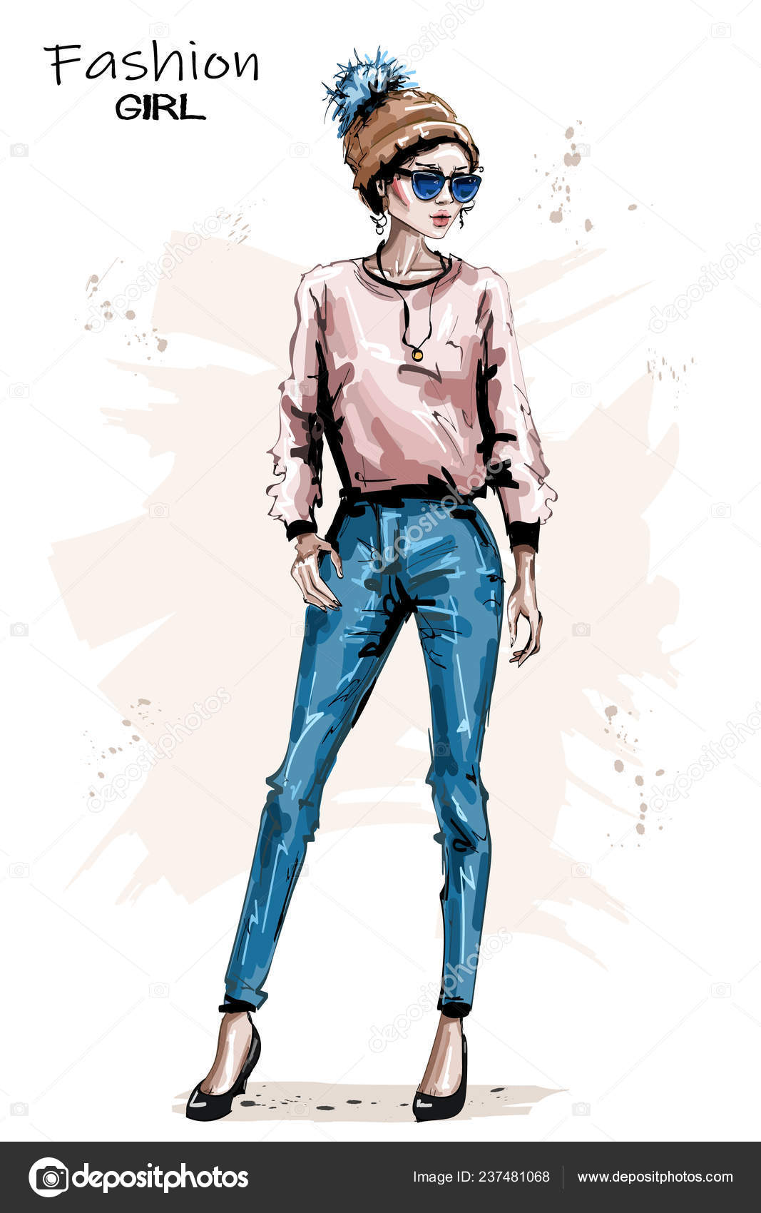 Hand Drawn Beautiful Young Woman Knit Cap Stylish Elegant