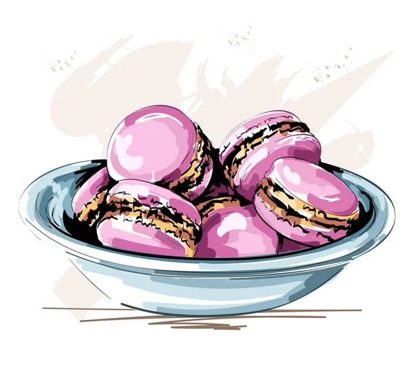 Kézzel Rajzolt Aranyos Rózsaszín Macaroons Lemez Gyönyörű Cookie Kat Vázlat — Stock Vector