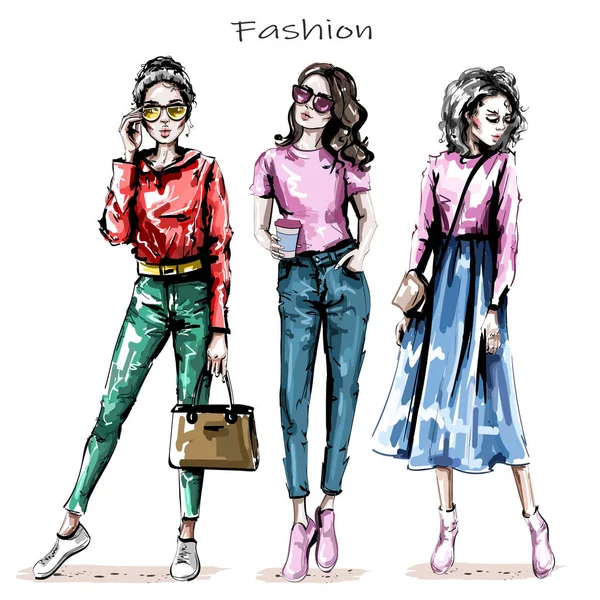 El güzel genç kadın set çekilmiş. Şık kızlar. Moda kadın görünüyor. Kroki. Vektör çizim. 