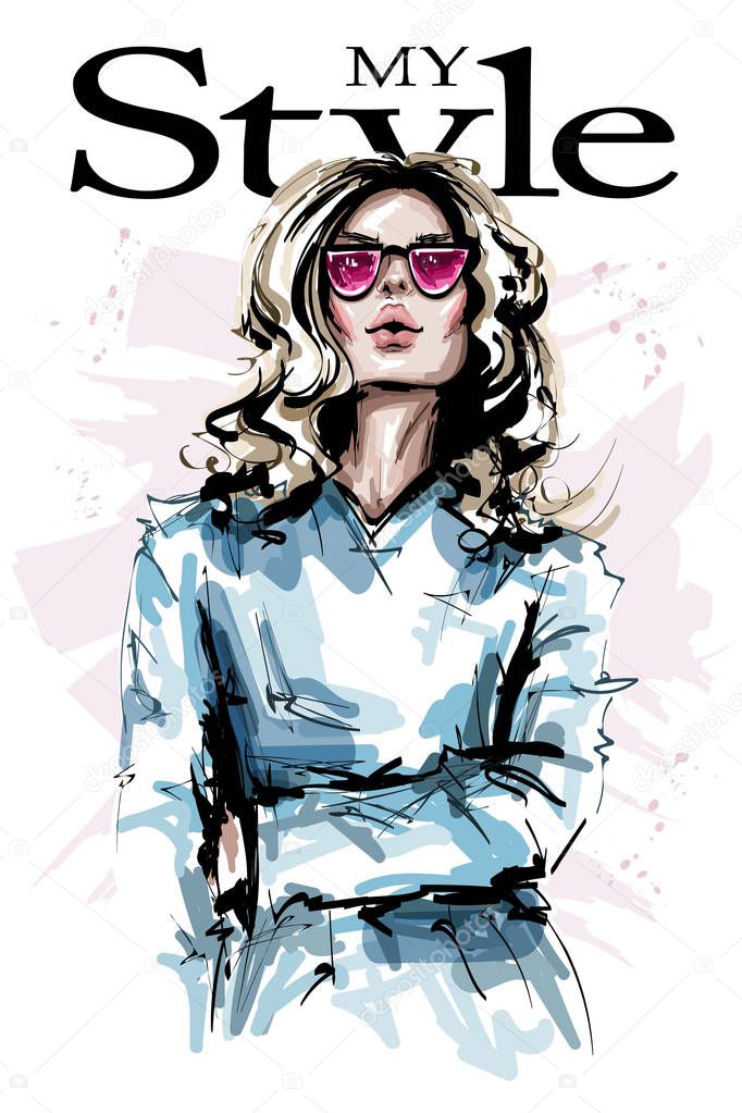 Hand drawn beautiful young woman in sunglasses. Stylish elegant girl with blonde hair. Fashion woman look. Sketch. 