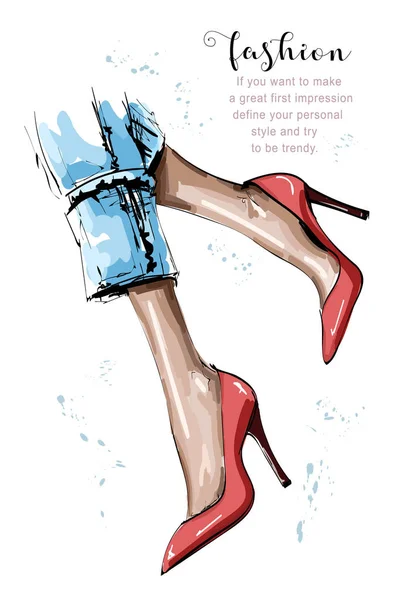 Tangan Digambar Indah Kaki Perempuan Wanita Stylish Sepatu Merah Sketch - Stok Vektor