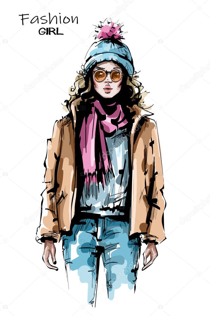 Hand drawn beautiful young woman in sunglasses. Stylish girl in winter clothes. Fashion woman look. Sketch. 