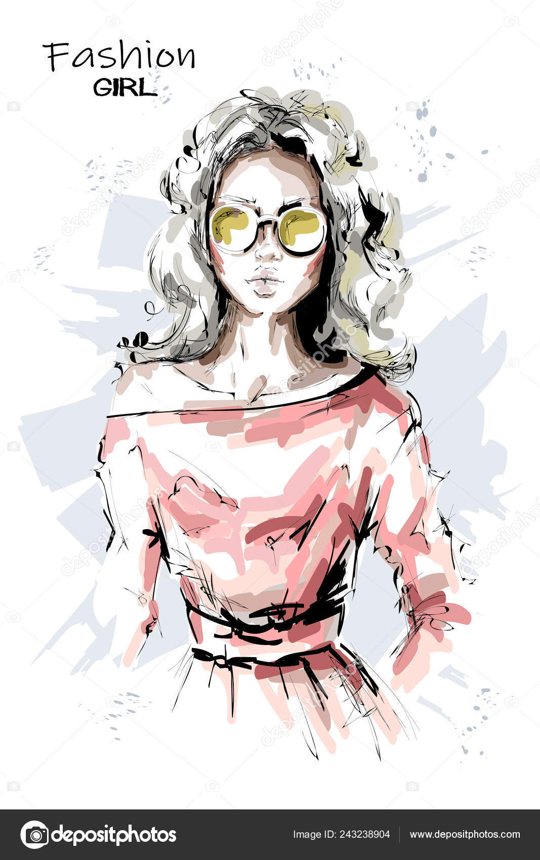 Hand Drawn Beautiful Young Woman Sunglasses Stylish Blonde Hair