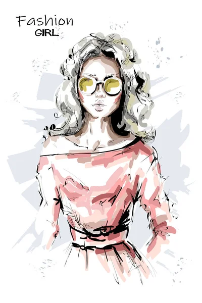 Handgezeichnete Schöne Junge Frau Mit Sonnenbrille Stilvolle Blonde Haare Mädchen — Stockvektor