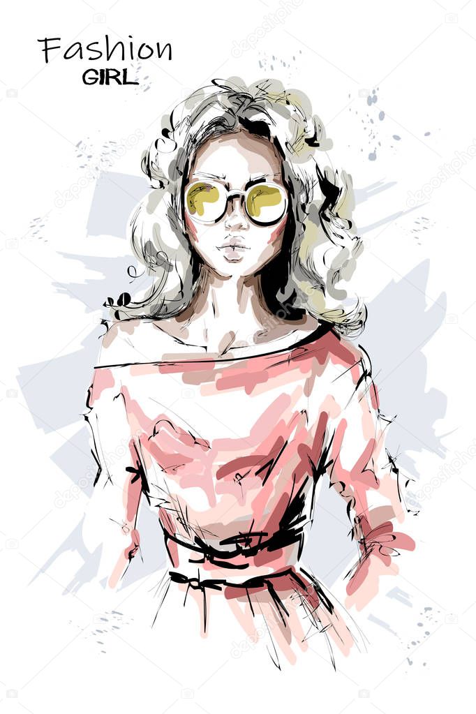 Hand drawn beautiful young woman in sunglasses. Stylish blonde hair girl. Fashion woman look. Sketch. Vector illustration. 