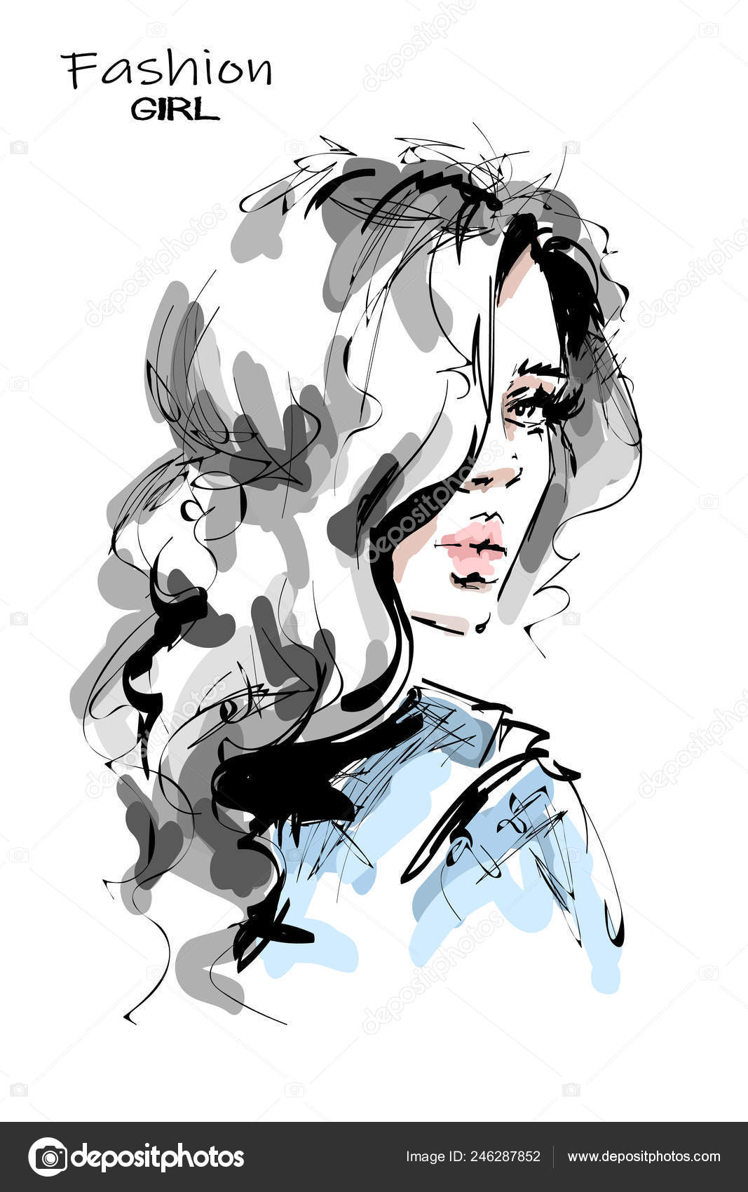 Hand Drawn Stylish Beautiful Young Woman Long Blonde Hair