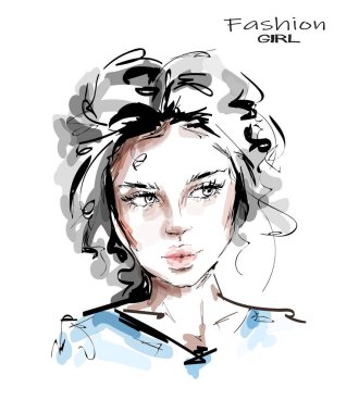 El çizilmiş güzel genç kadın yüzü. Şık kız. Moda kadın bakmak. Çizim. 