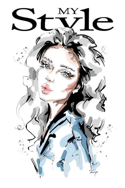 Belle Jeune Femme Dessinée Main Avec Maquillage Élégante Fille Aux — Image vectorielle