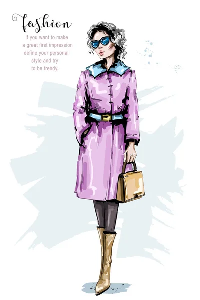 Hand Drawn Beautiful Young Woman Bag Stylish Girl Coat Fashion — Stock Vector