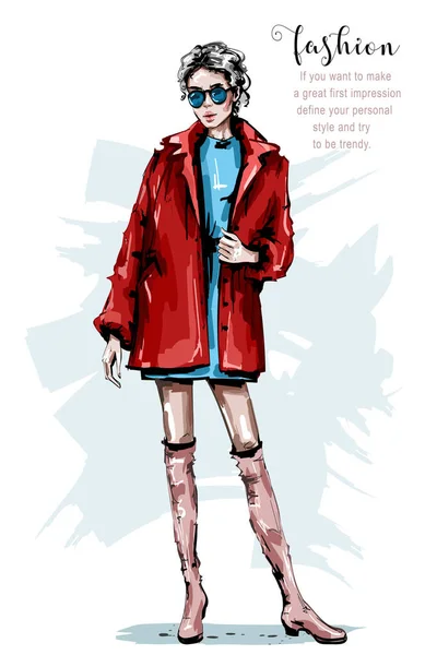 Mână Desenată Frumoasă Femeie Tânără Jachetă Roșie Fată Elegantă Ochelari — Vector de stoc