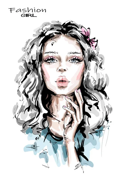 Рука Нарисованная Красивая Молодая Женщина Длинными Светлыми Волосами Стильная Девушка — стоковый вектор