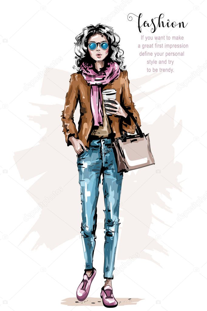 Hand drawn beautiful young woman with bag. Stylish girl in casual clothing. Fashion woman look. Female outfit. Sketch. 