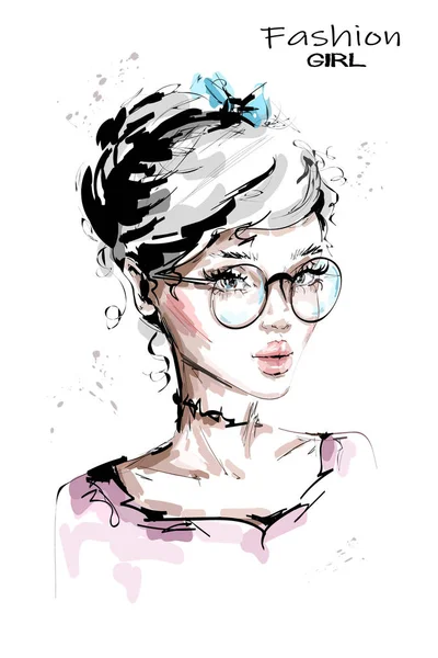 Mujer Joven Dibujada Mano Gafas Chica Con Estilo Con Lazo — Vector de stock