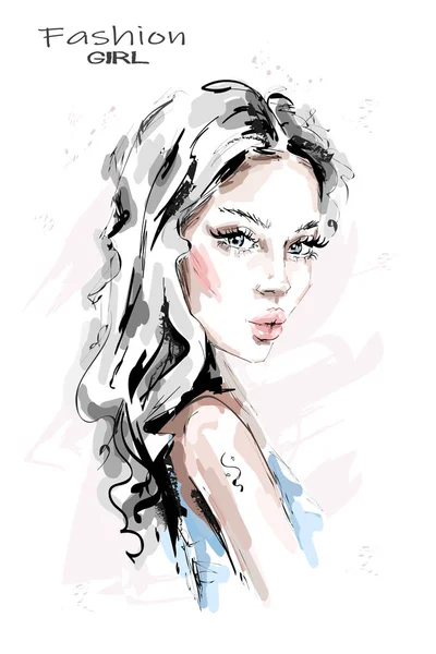 Hand Drawn Beautiful Young Woman Long Hair Stylish Girl Fashion — Stock Vector
