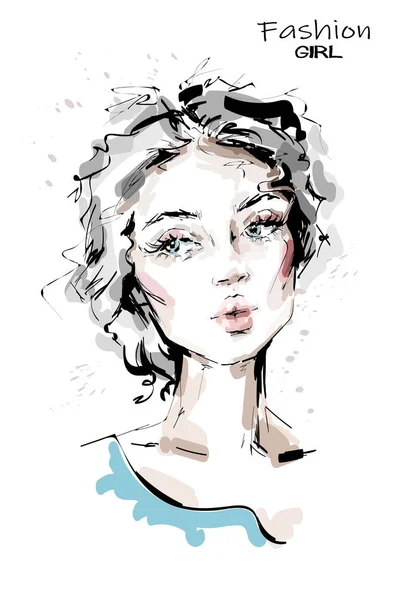 Hand Drawn Beautiful Young Woman Blue Eyes Stylish Girl Fashion — Stock Vector
