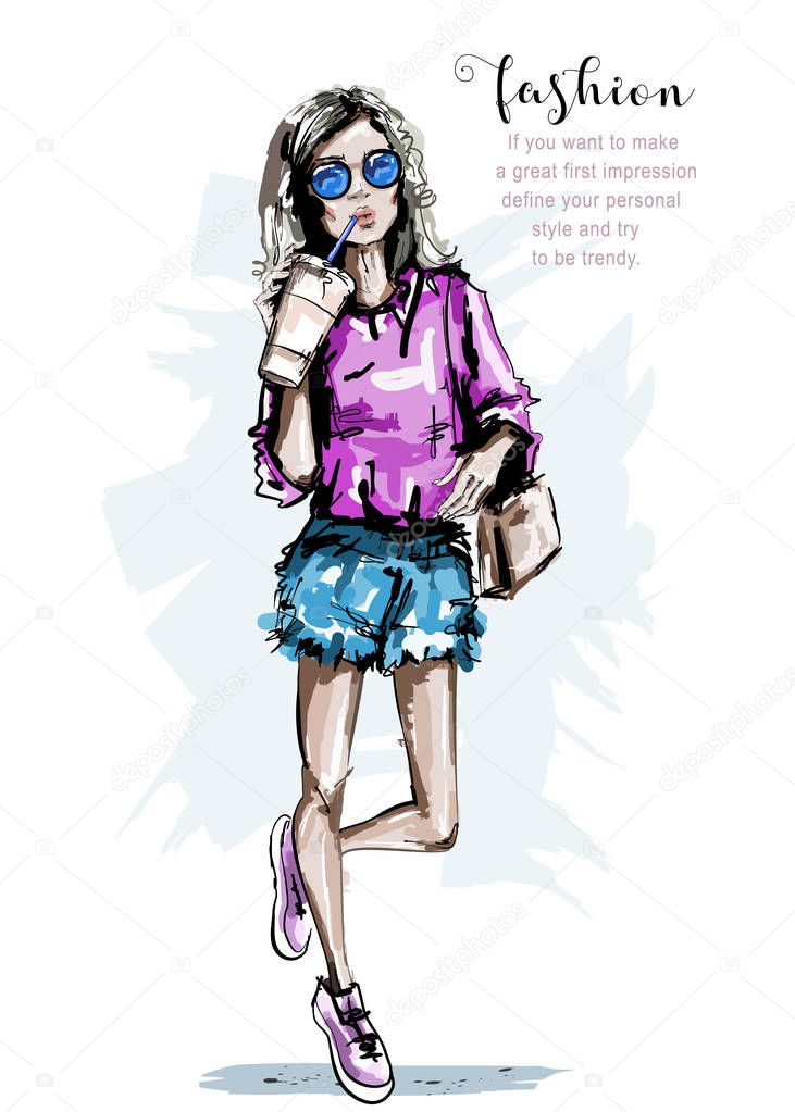 Hand drawn beautiful young woman with plastic coffee cup. Stylish girl. Fashion woman look. Sketch. 