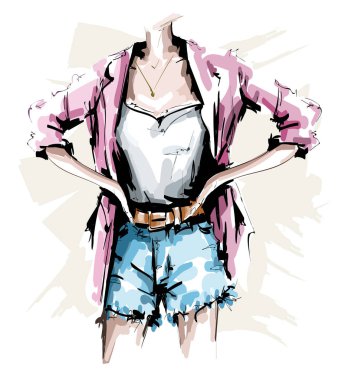 Elle çizilmiş kadın vücudu. Moda kıyafeti. Şort, gömlek, ceket ve aksesuarları ile şık kadın bakmak. Çizim. Vektör çizimi. 