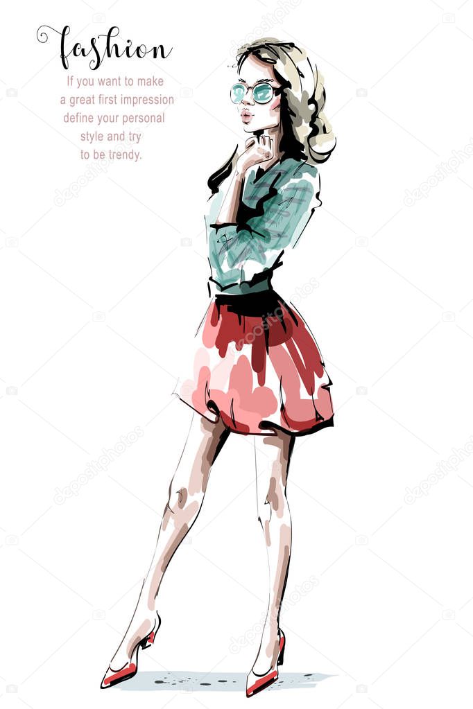 Hand drawn beautiful young woman in sunglasses. Stylish girl in red skirt. Fashion woman look. Sketch. Vector illustration. 