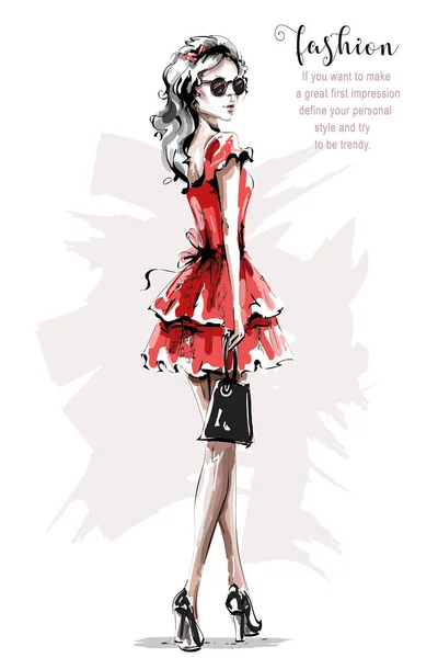 Hermosa Mujer Joven Dibujada Mano Vestido Rojo Elegante Chica Elegante — Vector de stock