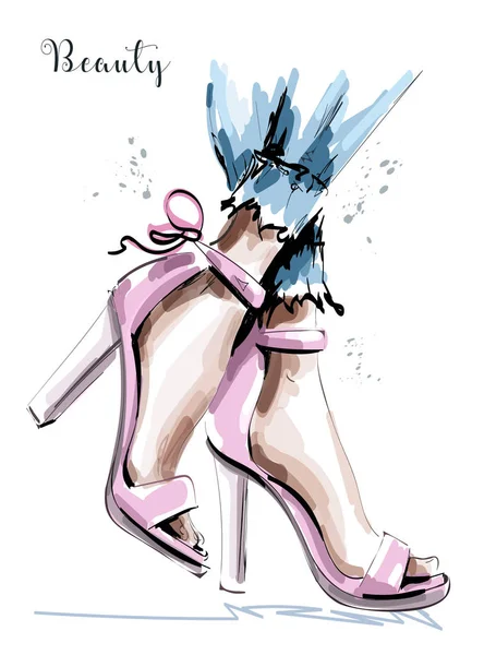 Handgezeichnete Schöne Elegante Rosa Schuhe Frauenbeine Schuhen Mit Schleifen Skizze — Stockvektor