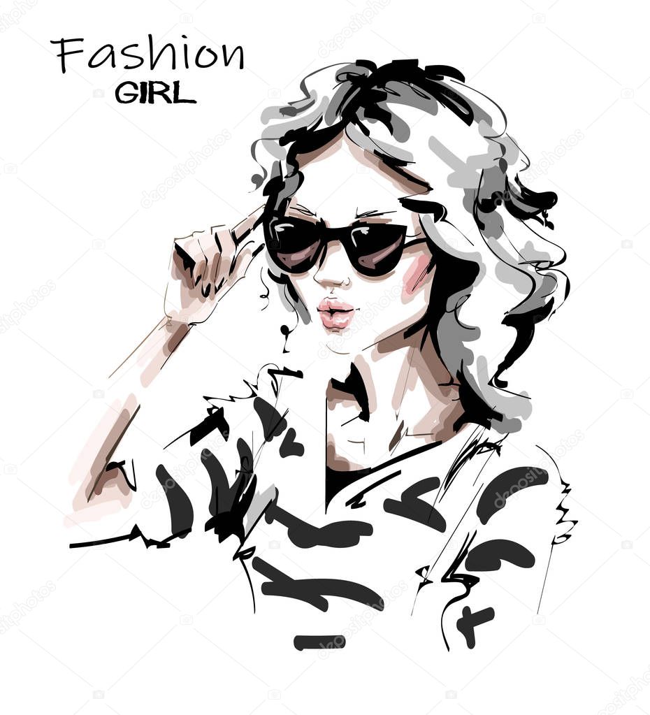 Hand drawn beautiful young woman in sunglasses. Lady in striped shirt. Stylish girl. Fashion woman look. Sketch. Vector illustration. 