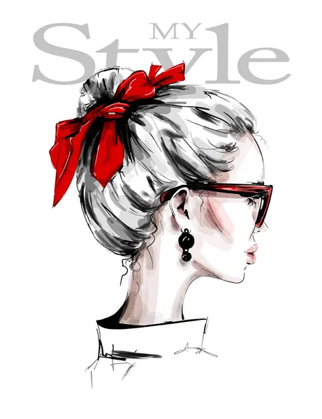 머리띠와 손으로 아름다운 프로필입니다 선글라스에 세련된 소녀입니다 머리에 활입니다 스케치 — 스톡 벡터