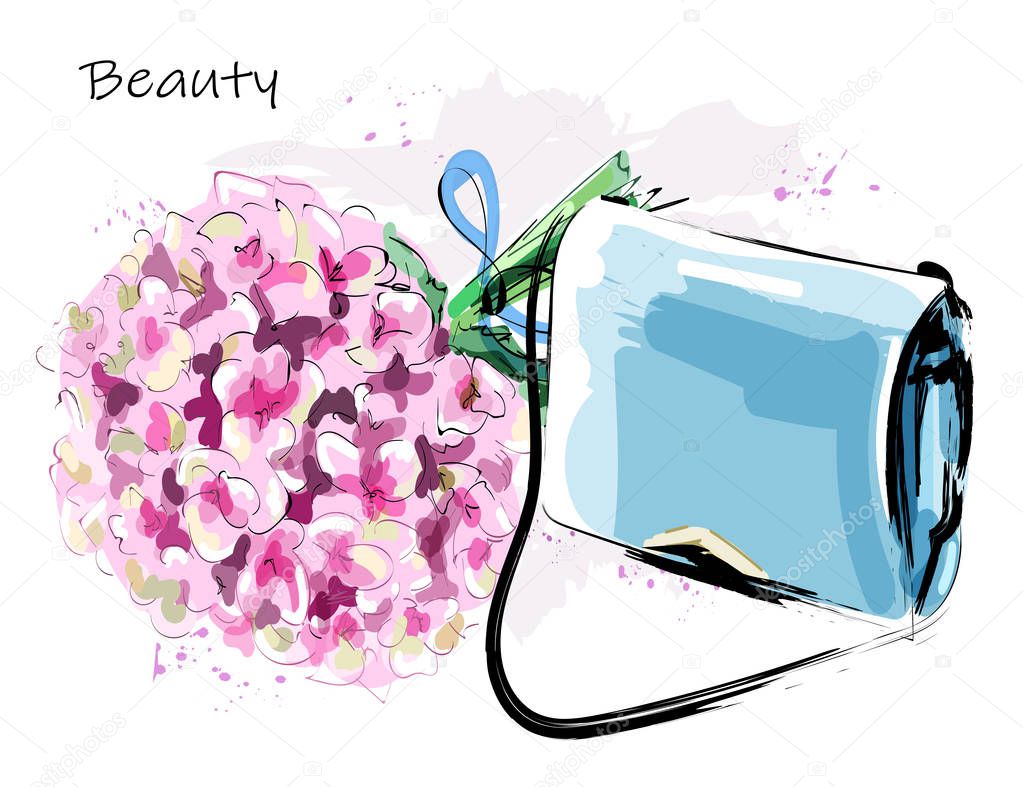 Hand drawn cute set with fashion bag and flowers. Beautiful hydrangea. Stylish female bag. Sketch. Vector illustration. 