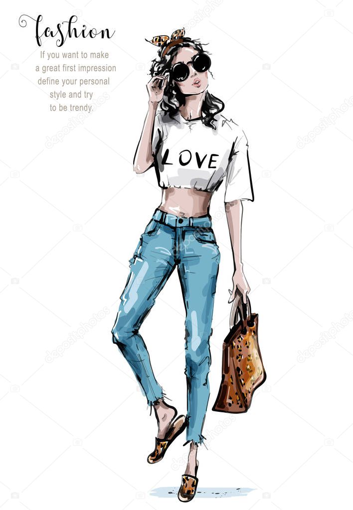 Hand drawn beautiful young woman holding bag with leopard print. Stylish girl in sunglasses. Fashion woman look. Female outfit. Sketch. Vector illustration. 