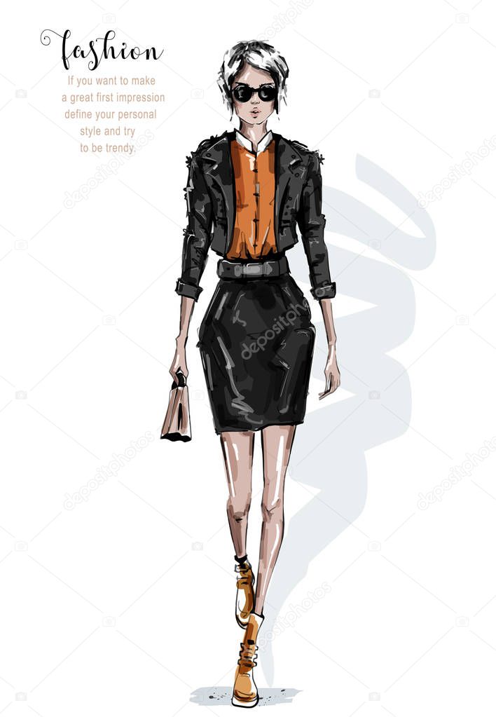 Hand drawn beautiful young woman in leather jacket and skirt. Stylish girl in sunglasses. Fashion woman look. Sketch. Vector illustration. 