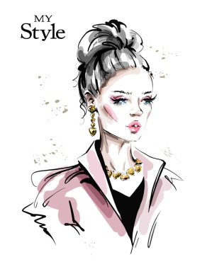 El çizilmiş güzel genç kadın. Şık kız. Moda kadın bakmak. Çizim. Vektör çizimi. 