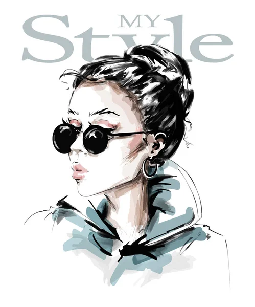Handgezeichnete Schöne Junge Frau Mit Sonnenbrille Stilvolles Mädchen Damenmode Skizze — Stockvektor