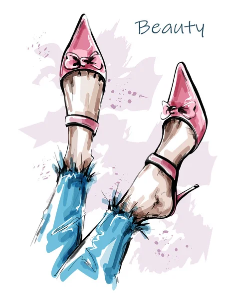 Handgezeichnete Schöne Weibliche Beine Mit Rosa Schuhen Modeschuhe Skizze Vektorillustration — Stockvektor