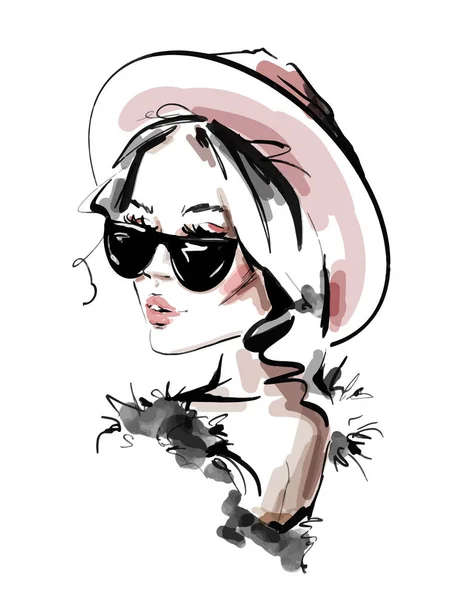 Handgezeichnete Schöne Junge Frau Mit Sonnenbrille Stilvolle Elegante Mädchen Damenmode — Stockvektor