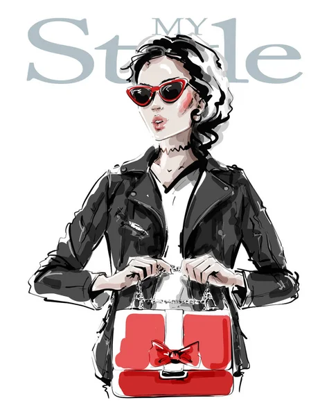 黒い革のジャケットで手描き美しい若い女性 赤いバッグを持つスタイリッシュなエレガントな女の子 ファッション女性の外観 スケッチ ベクトルイラスト — ストックベクタ
