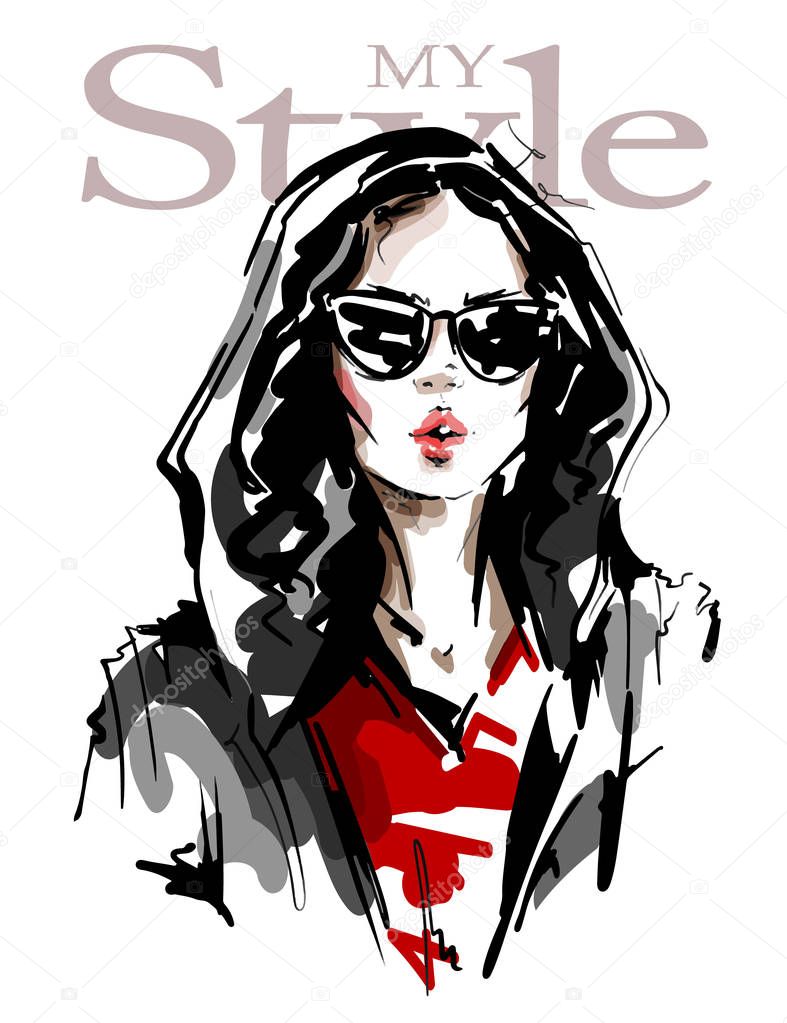 Hand drawn beautiful young woman in sunglasses. Stylish girl. Fashion woman look. Sketch. Vector illustration. 