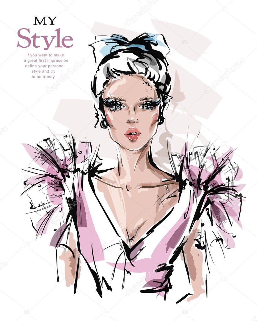 Hand drawn beautiful young woman with bow in her hair. Stylish elegant girl. Fashion woman look. Sketch. Vector illustration. 