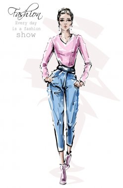 El moda giysileri güzel genç kadın çizilmiş. Şık kız yürüyüş. Moda kadın bakmak. Çizim. Vektör çizimi. 