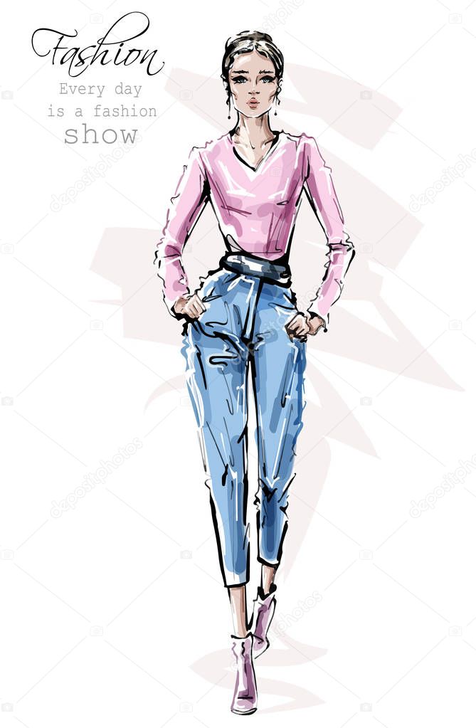 Hand drawn beautiful young woman in fashion clothes. Stylish girl walking. Fashion woman look. Sketch. Vector illustration. 
