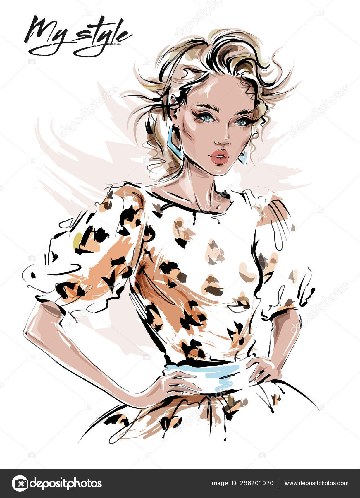 손으로 아름다운 레오파드 프린트 드레스 여자입니다 스케치 일러스트레이션 스톡 벡터 - ©Marisa_ 298201070, image size:1231x1700