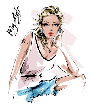 El yazlık giysiler içinde güzel genç kadın çizilmiş. Şık londe saç kız. Moda kadın bakmak. Çizim. Vektör çizimi. 