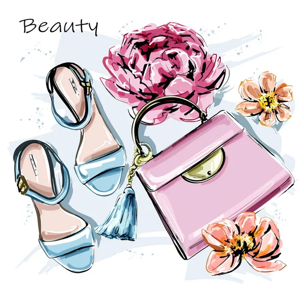 Kézzel Rajzolt Aranyos Készlet Stílusos Kiegészítőkkel Divatcipők Rózsaszín Táska Virágok — Stock Vector